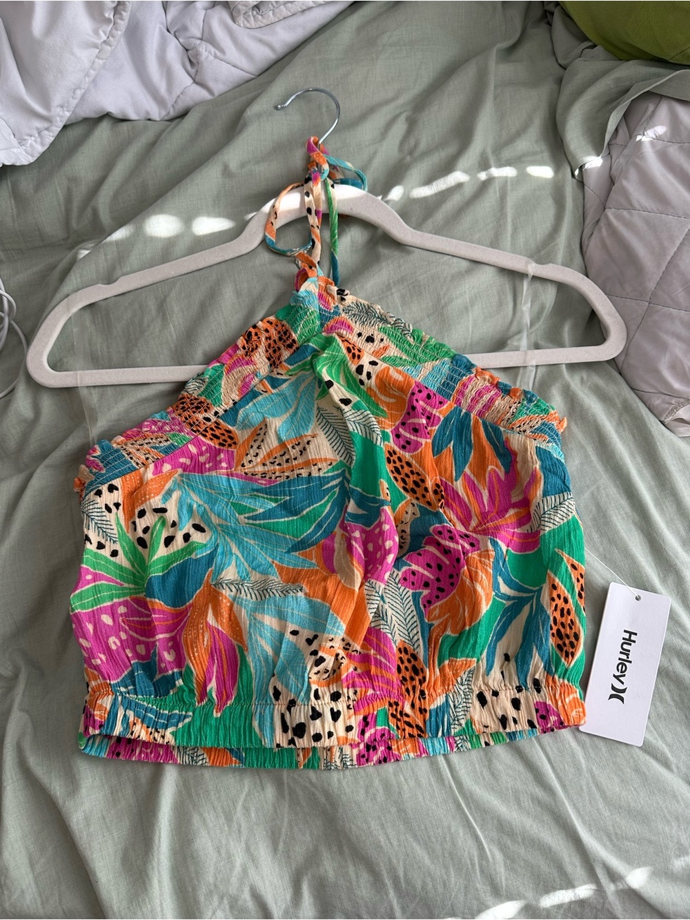 Hurley Tropical Halter Crop Top in Teal Multi